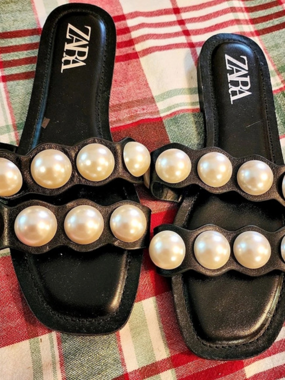 Zara Pearl Embellished Flat Slide Sandals Black Sandals